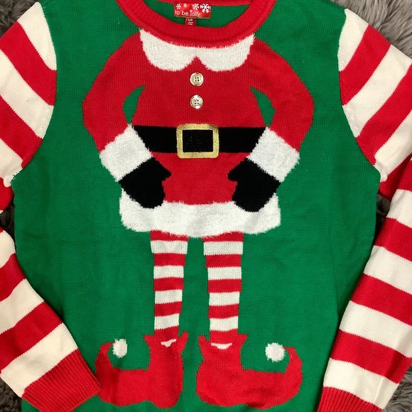 To Be Jolly | Women's Christmas Sweater | Mrs. Elf | Green & Red | Large - Picture 3 of 3